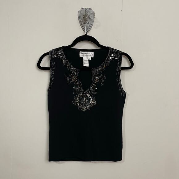 Vintage S 1990s tank top beaded sequin evening party cocktail black silver - Picture 1 of 7